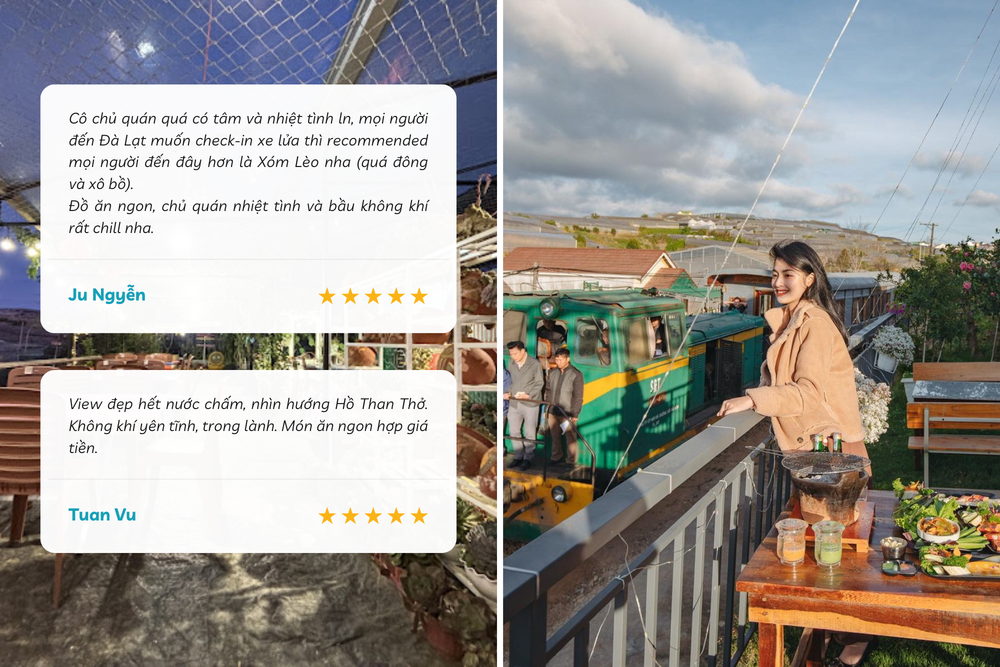 Qu&aacute;n thu h&uacute;t nhiều thực kh&aacute;ch với tầm nh&igrave;n ngắm t&agrave;u lửa v&agrave; hướng ra hồ Than Thở, c&oacute; nhiều g&oacute;c để check-in